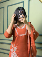 Lorenvalley Fashion Rust Roman Silk Embroidery with Sequence Work Kurta Pant with Dupatta | Grocsy