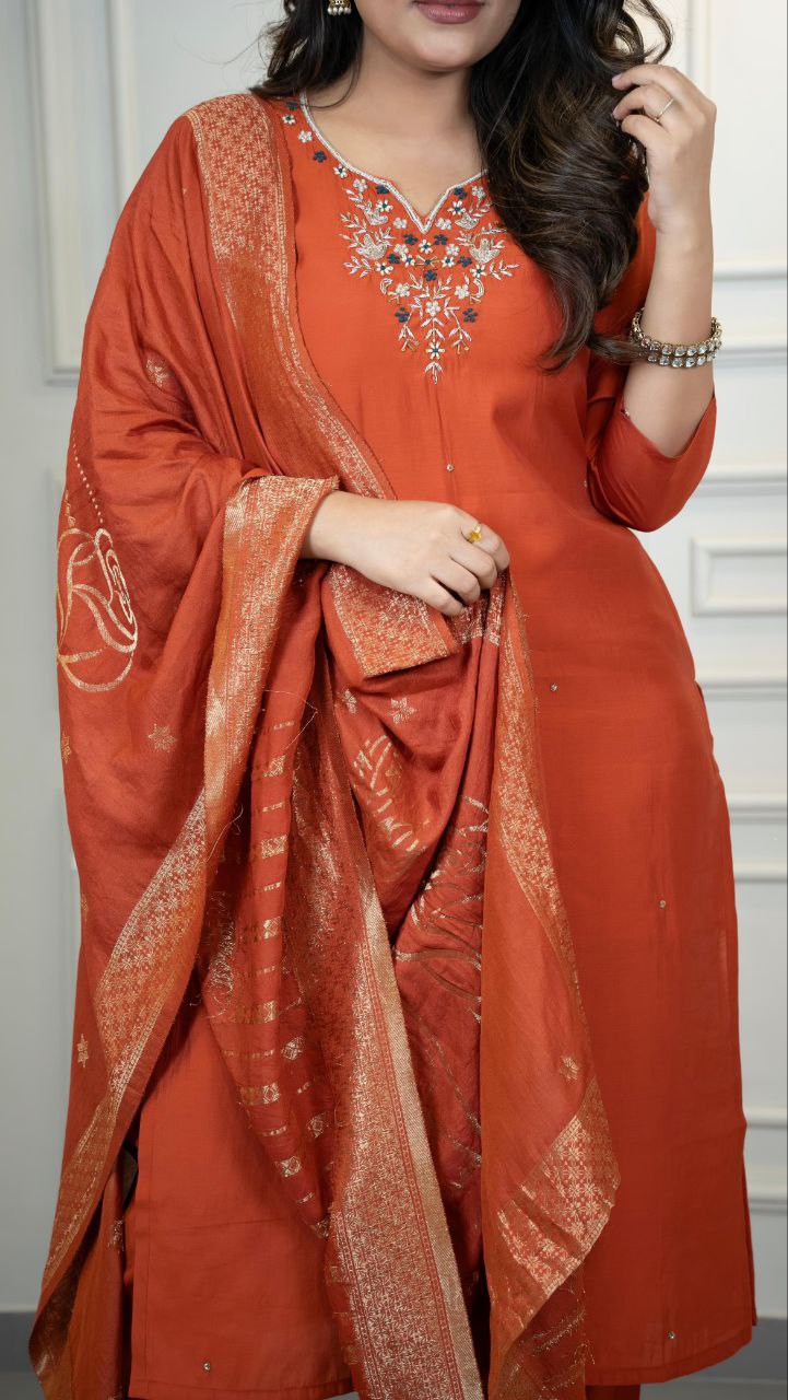 Lorenvalley Fashion Rust Roman Silk Hand Work Kurta Pant with Dupatta | Grocsy