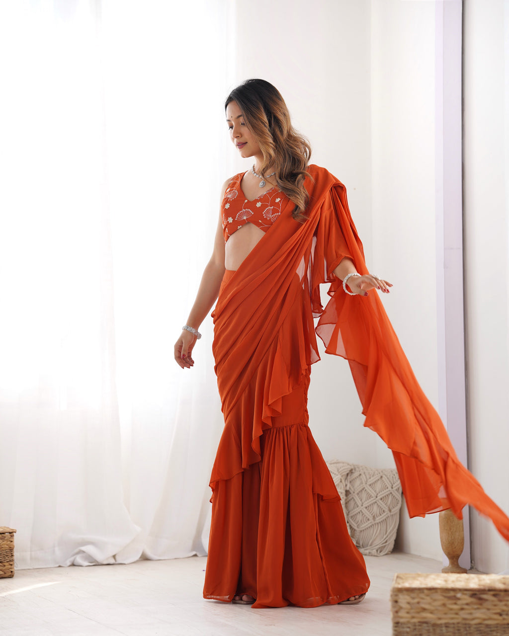 Lorenvalley Rust Faux Georgette Ready To Wear Sharara Saree with Full Stitched Blouse | Grocsy