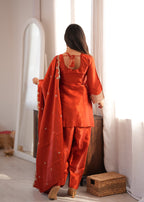 Lorenvalley Fashion Rust Glass Roman Silk with Embroidery Sequence Dori and Jari Work Kurta Farshi Salwar with Dupatta | Grocsy