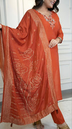 Lorenvalley Fashion Rust Roman Silk Hand Work Kurta Pant with Dupatta | Grocsy