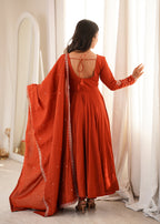 Lorenvalley Fashion Rust Roman Chanderi Silk Thread Work Anarkali Pants with Dupatta | Grocsy