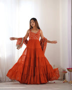 Lorenvalley Rust Faux Georgette Layer Gathering Anarkali Pant With Dupatta Set | Grocsy