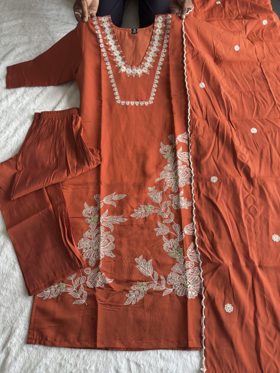 Lorenvalley Fashion Rust Roman Silk Embroidery with Sequence Work Kurta Pant with Dupatta | Grocsy