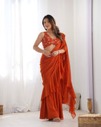 Lorenvalley Rust Faux Georgette Ready To Wear Sharara Saree with Full Stitched Blouse | Grocsy