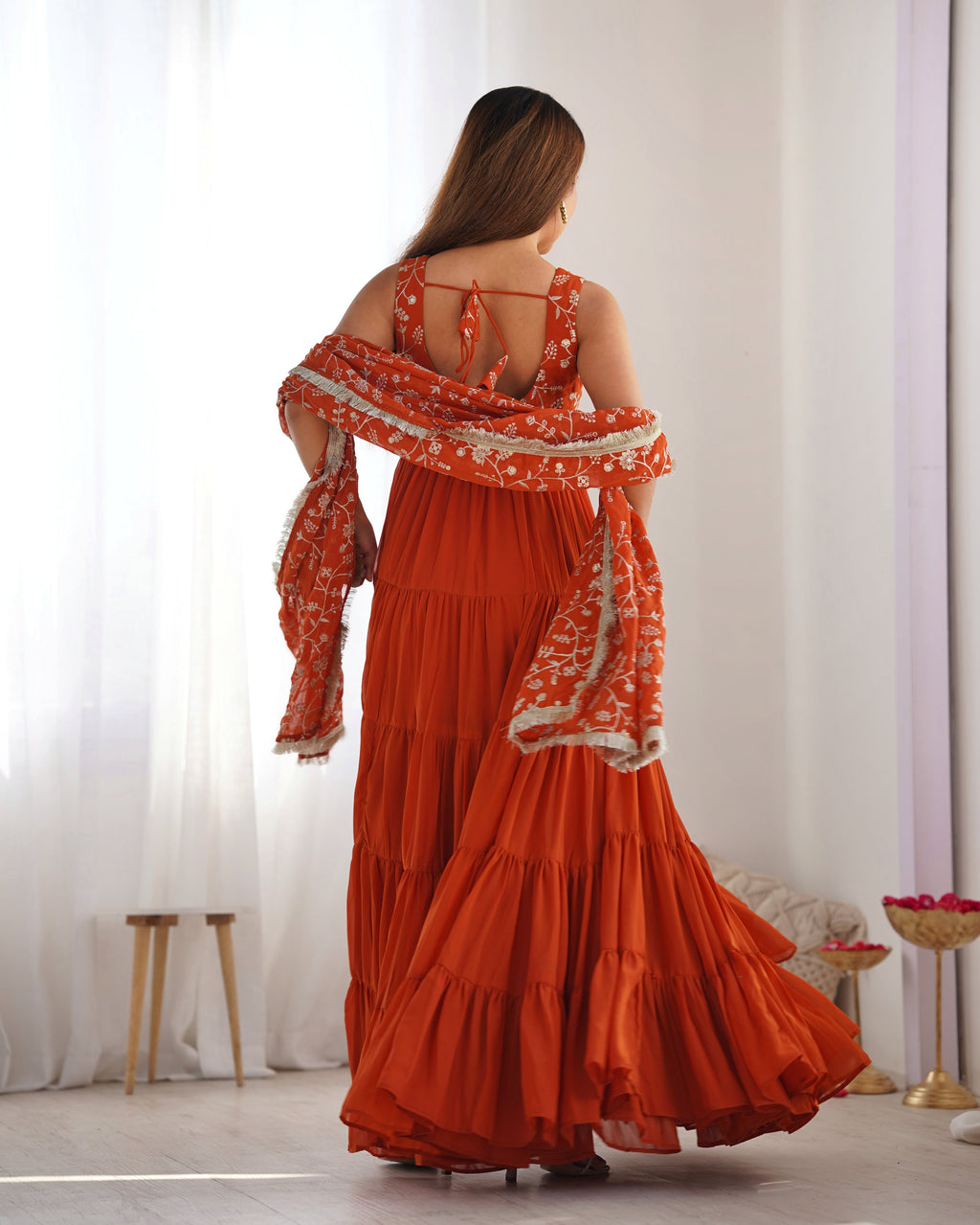 Lorenvalley Rust Faux Georgette Layer Gathering Anarkali Pant With Dupatta Set | Grocsy