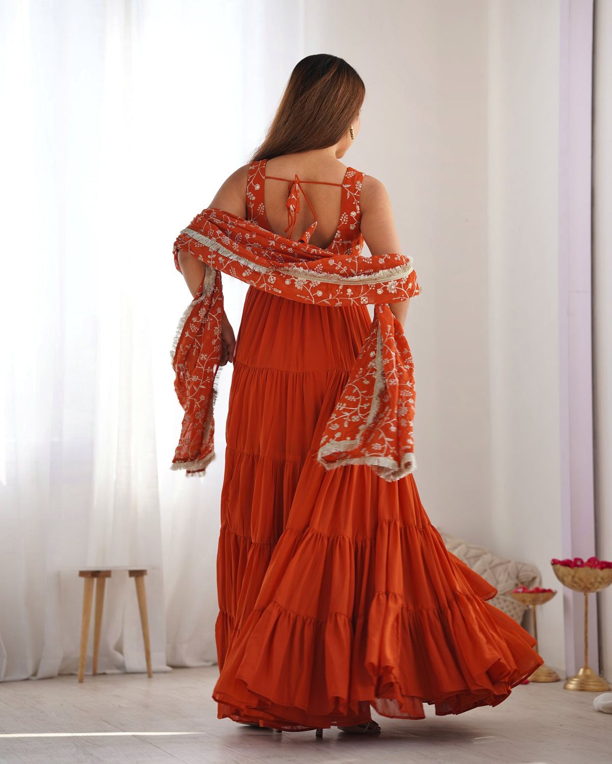Lorenvalley Rust Faux Georgette Layer Gathering Anarkali Pant With Dupatta Set | Grocsy