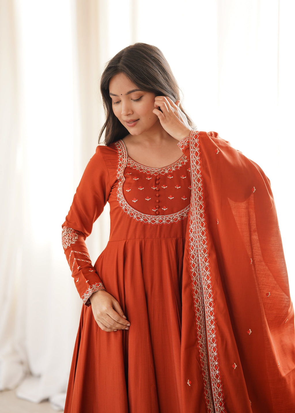Lorenvalley Fashion Rust Roman Chanderi Silk Thread Work Anarkali Pants with Dupatta | Grocsy