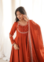 Lorenvalley Fashion Rust Roman Chanderi Silk Thread Work Anarkali Pants with Dupatta | Grocsy