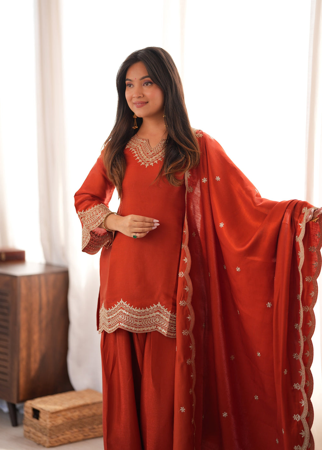 Lorenvalley Fashion Rust Glass Roman Silk with Embroidery Sequence Dori and Jari Work Kurta Farshi Salwar with Dupatta | Grocsy