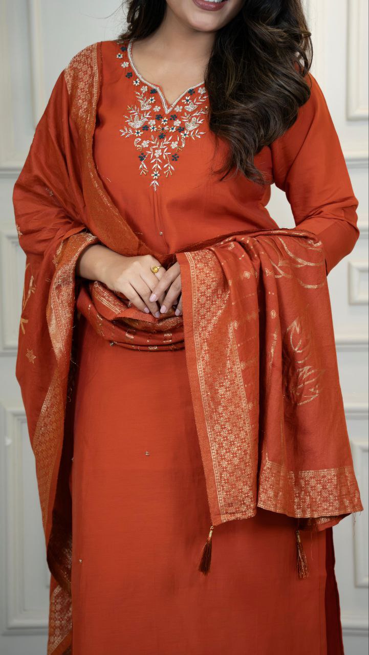 Lorenvalley Fashion Rust Roman Silk Hand Work Kurta Pant with Dupatta | Grocsy