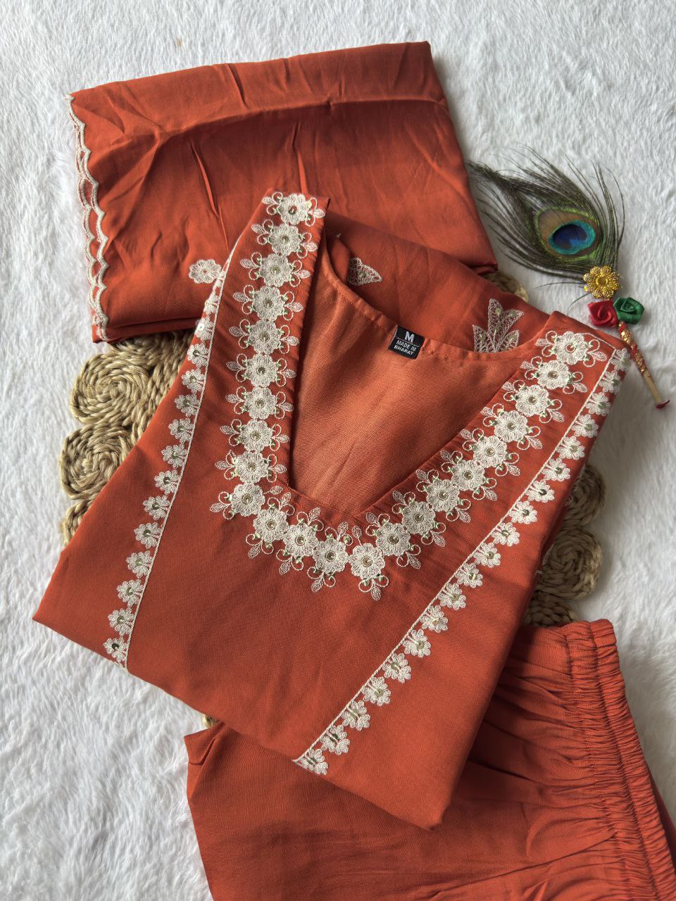 Lorenvalley Fashion Rust Roman Silk Embroidery with Sequence Work Kurta Pant with Dupatta | Grocsy