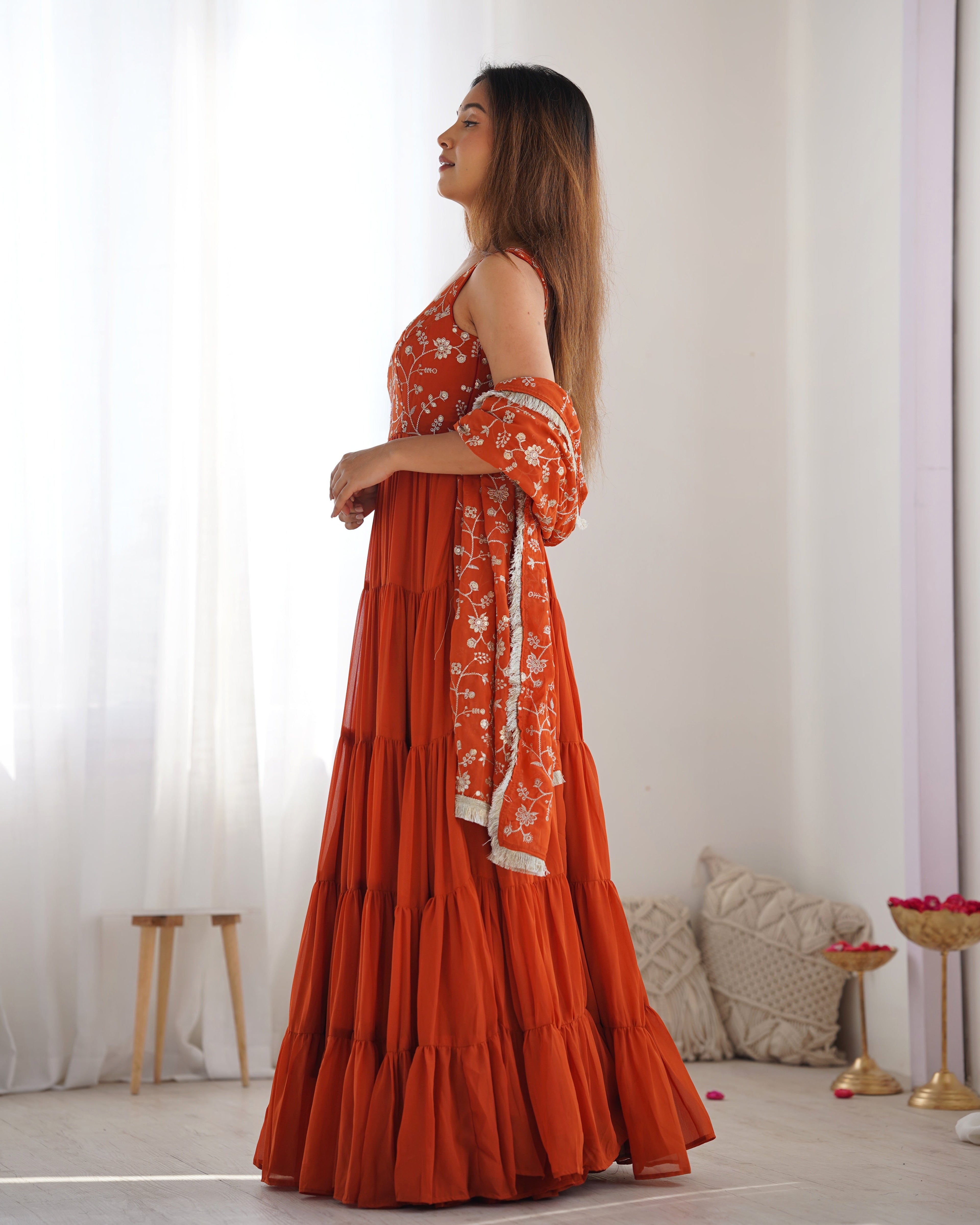 Lorenvalley Rust Faux Georgette Layer Gathering Anarkali Pant With Dupatta Set | Grocsy