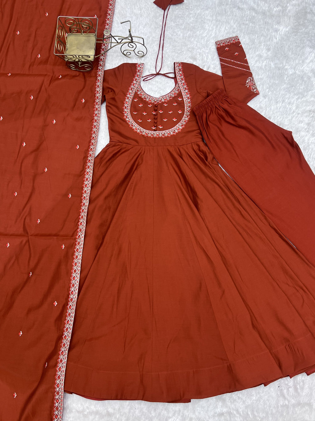 Lorenvalley Fashion Rust Roman Chanderi Silk Thread Work Anarkali Pants with Dupatta | Grocsy