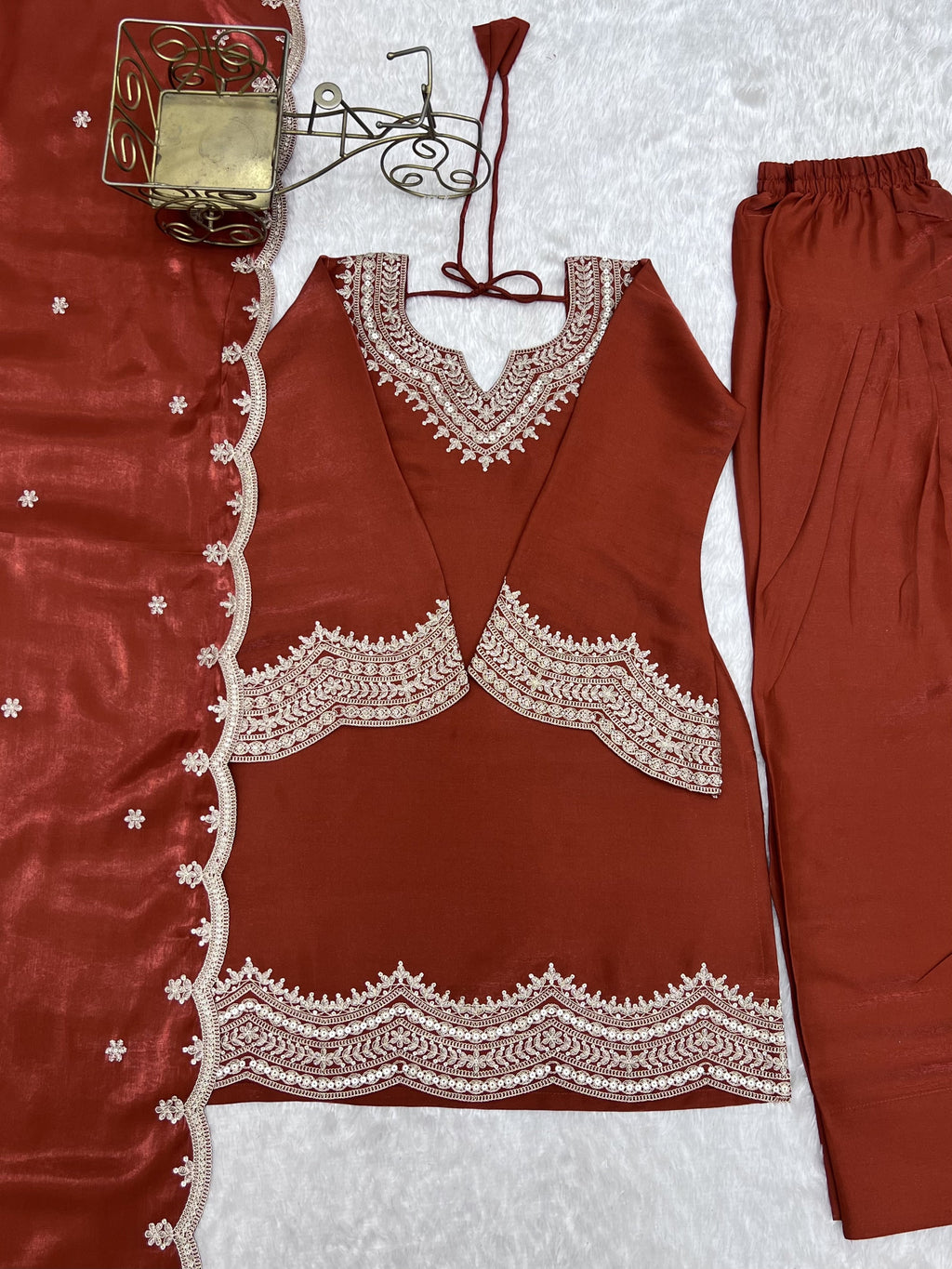 Lorenvalley Fashion Rust Glass Roman Silk with Embroidery Sequence Dori and Jari Work Kurta Farshi Salwar with Dupatta | Grocsy