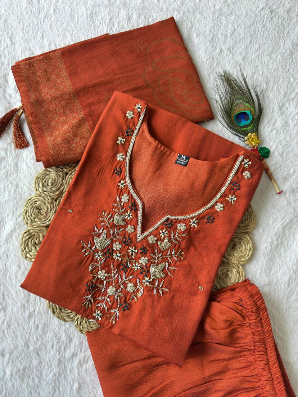 Lorenvalley Fashion Rust Roman Silk Hand Work Kurta Pant with Dupatta | Grocsy