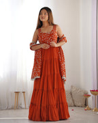 Lorenvalley Rust Faux Georgette Layer Gathering Anarkali Pant With Dupatta Set | Grocsy