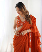Lorenvalley Rust Faux Georgette Ready To Wear Sharara Saree with Full Stitched Blouse | Grocsy