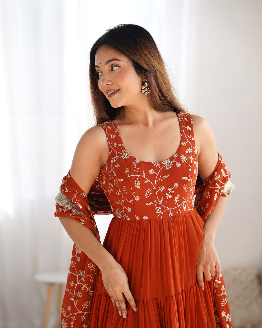 Lorenvalley Rust Faux Georgette Layer Gathering Anarkali Pant With Dupatta Set | Grocsy