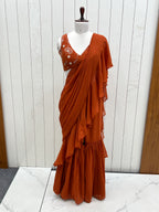 Lorenvalley Rust Faux Georgette Ready To Wear Sharara Saree with Full Stitched Blouse | Grocsy