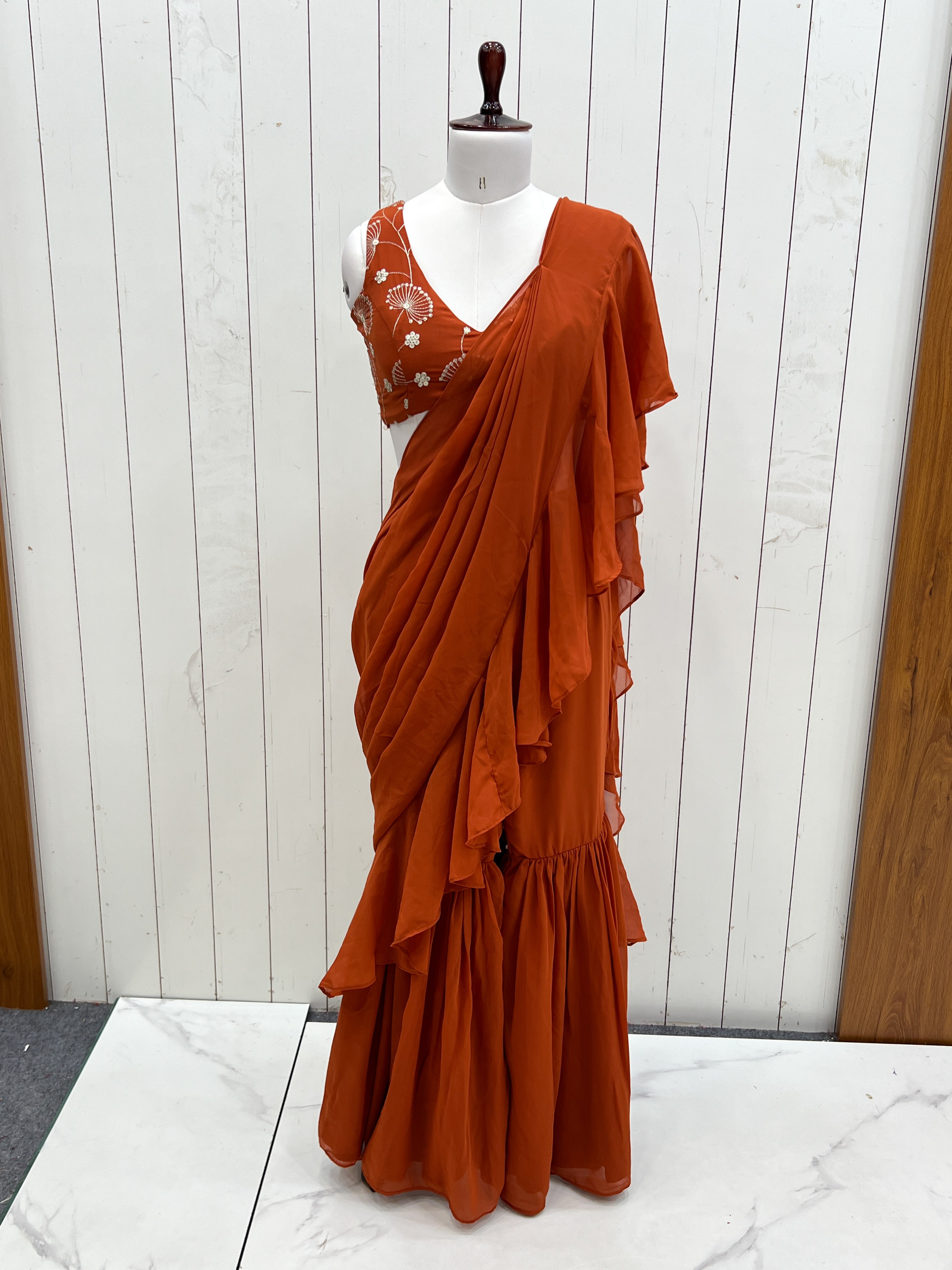 Lorenvalley Rust Faux Georgette Ready To Wear Sharara Saree with Full Stitched Blouse | Grocsy
