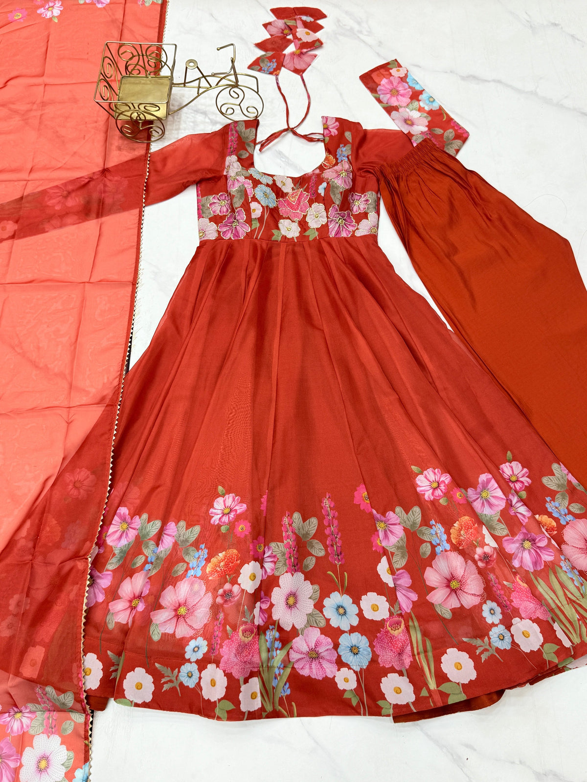 Lorenvalley Rust Soft Organza Silk With Floral Print Fully Flared Anarkali Pant With Dupatta Set | Grocsy