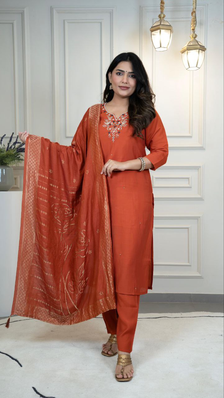 Lorenvalley Fashion Rust Roman Silk Hand Work Kurta Pant with Dupatta | Grocsy