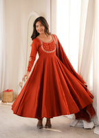 Lorenvalley Fashion Rust Roman Chanderi Silk Thread Work Anarkali Pants with Dupatta | Grocsy