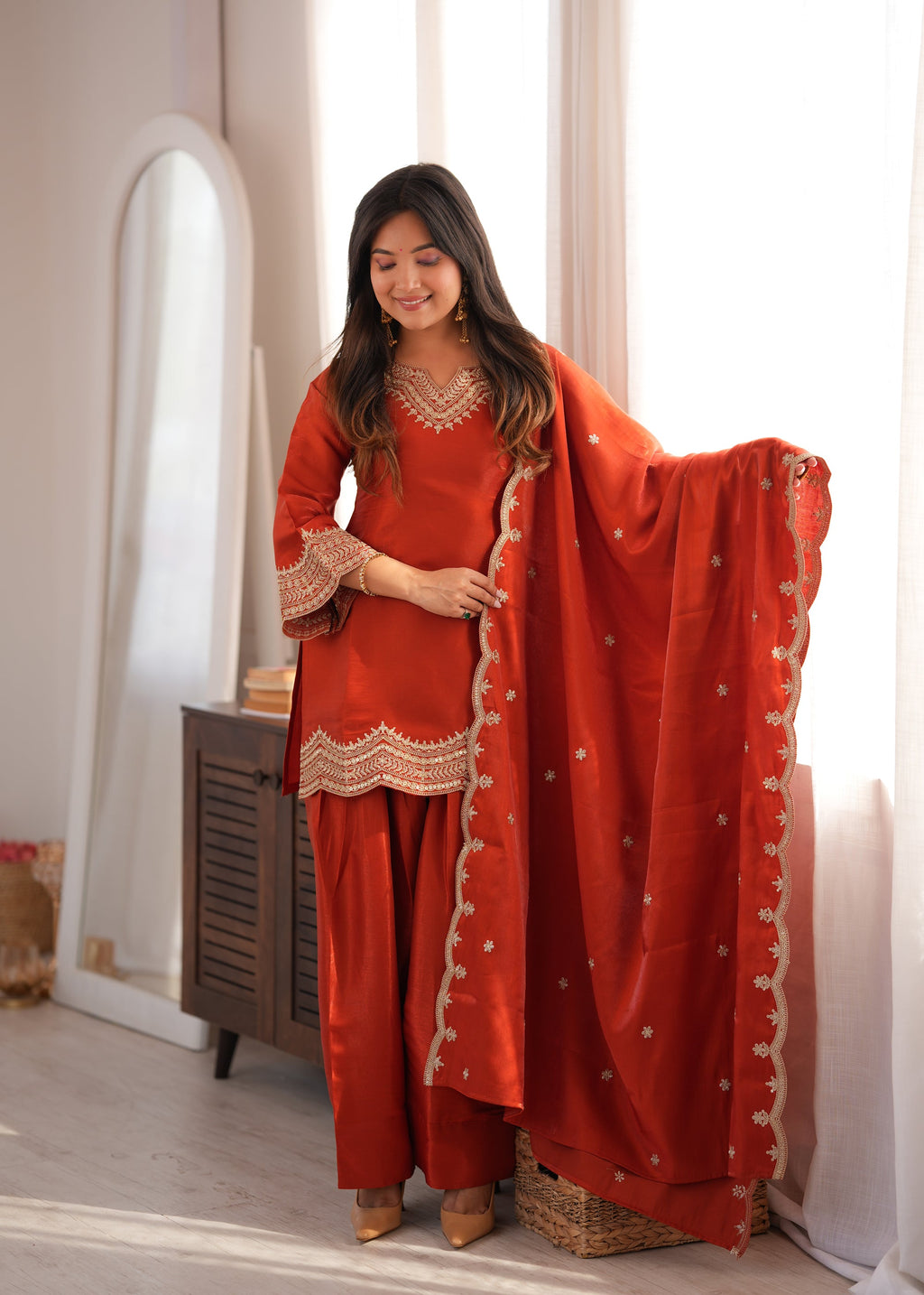 Lorenvalley Fashion Rust Glass Roman Silk with Embroidery Sequence Dori and Jari Work Kurta Farshi Salwar with Dupatta | Grocsy