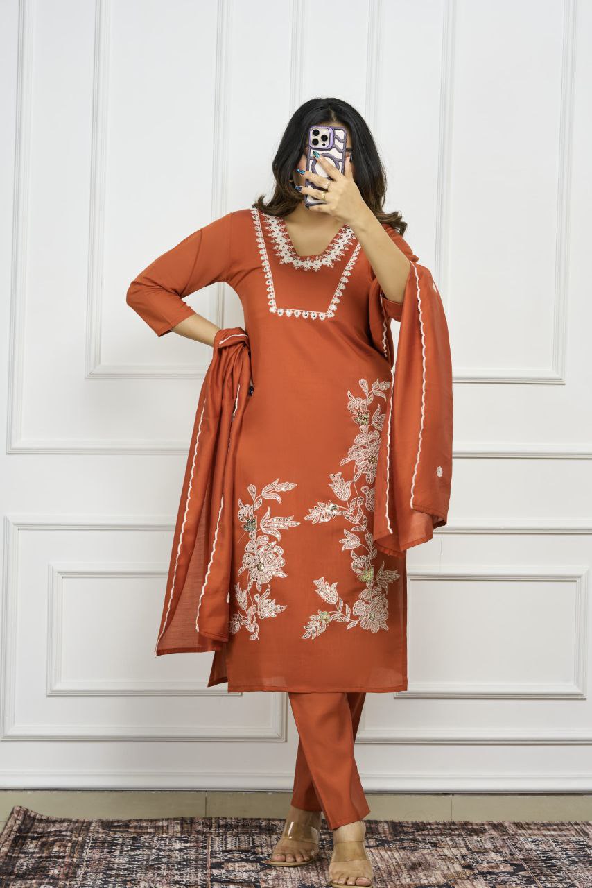 Lorenvalley Fashion Rust Roman Silk Embroidery with Sequence Work Kurta Pant with Dupatta | Grocsy