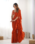 Lorenvalley Rust Faux Georgette Ready To Wear Sharara Saree with Full Stitched Blouse | Grocsy