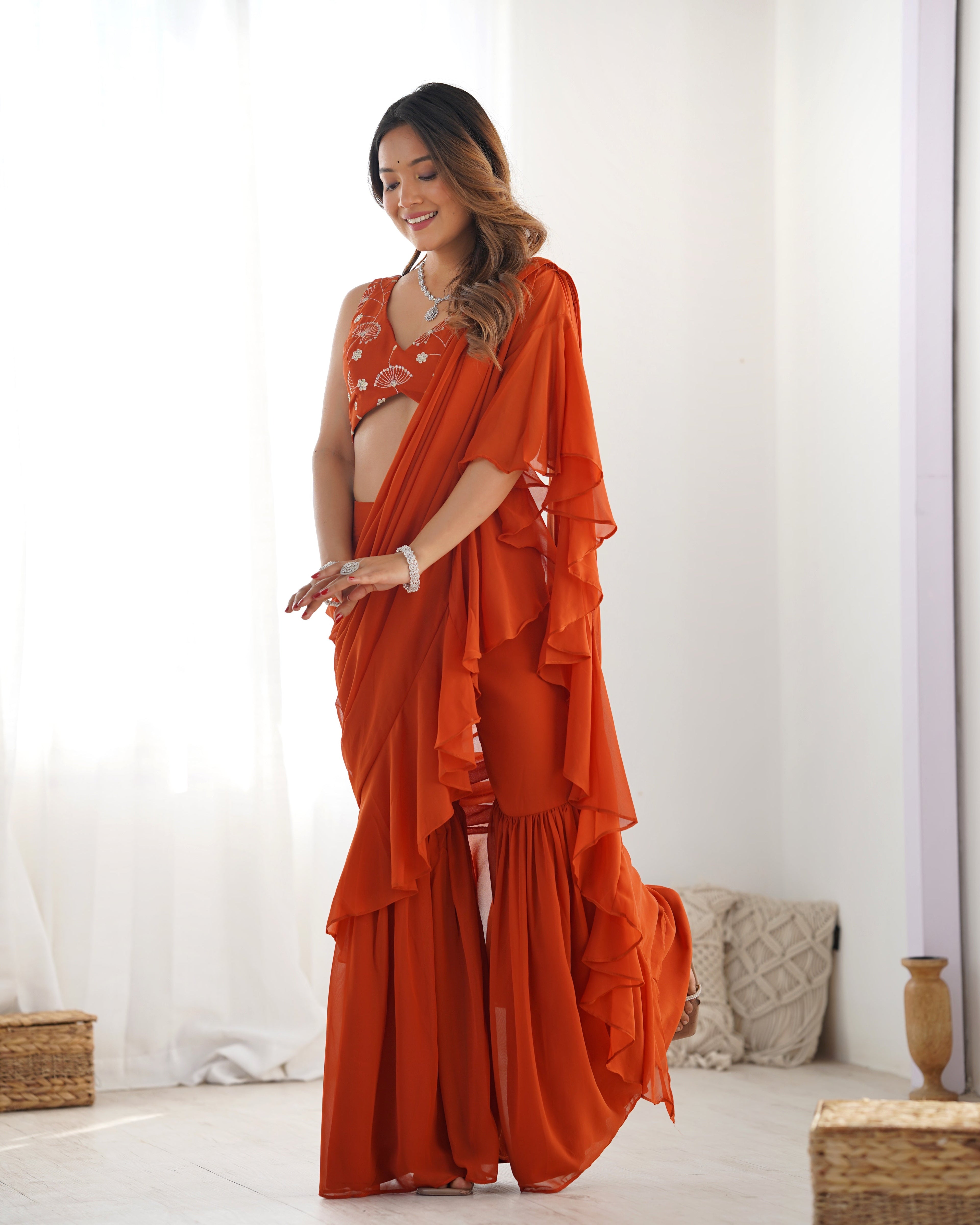 Lorenvalley Rust Faux Georgette Ready To Wear Sharara Saree with Full Stitched Blouse | Grocsy