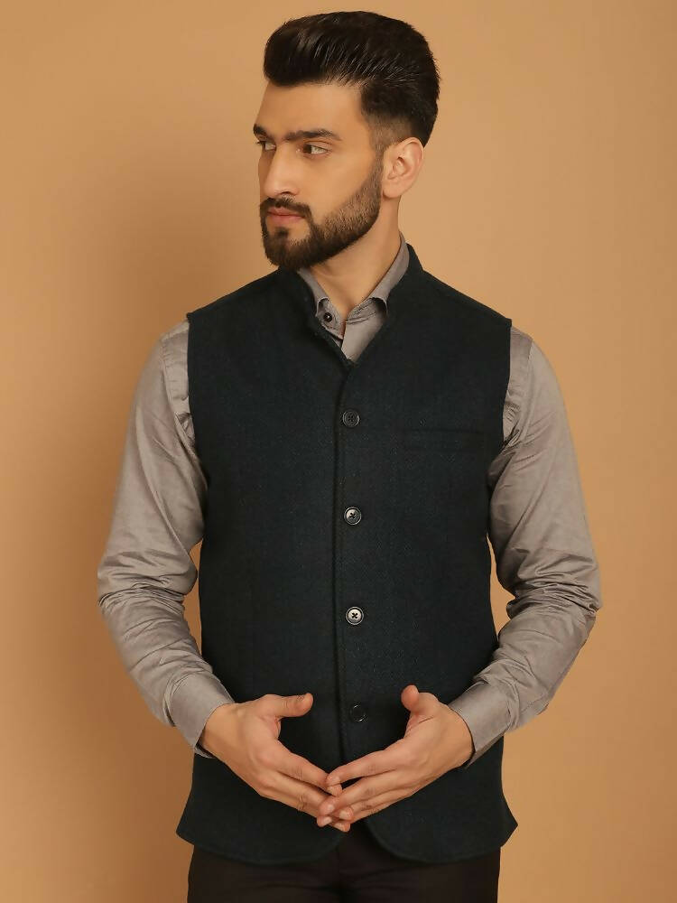 Even Apparels Pure Wool Nehru Jacket - Green | Grocsy