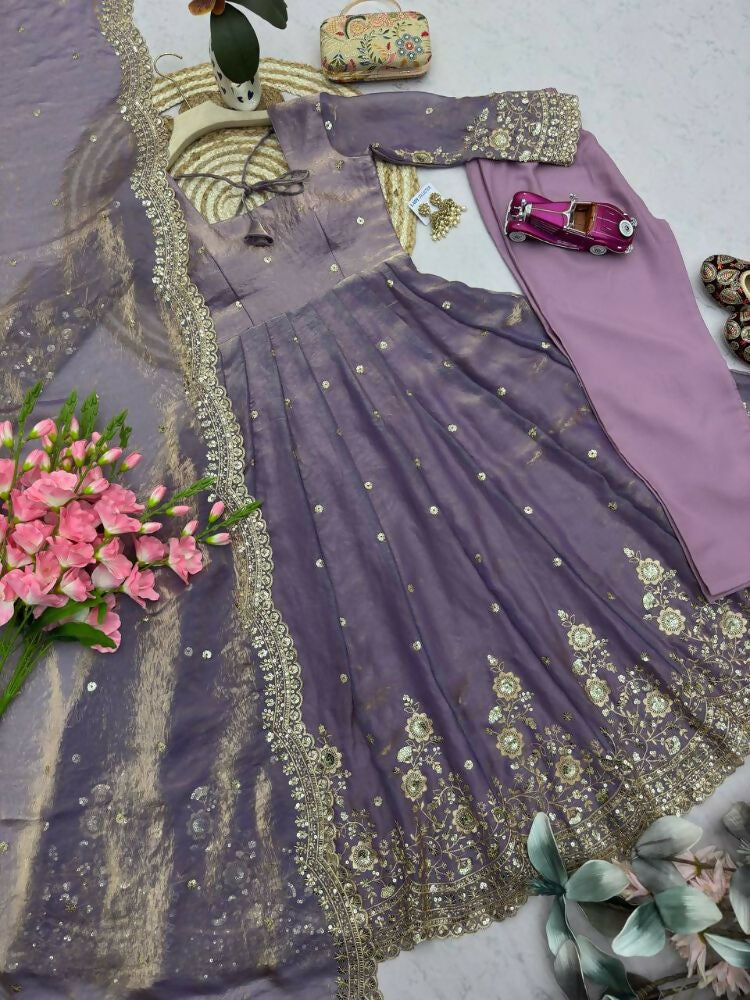 Teeya Creation Womens New Latest Trendy Elegant Lavendar Embroidered Anarkali Suit Set with Scalloped Dupatta | Grocsy
