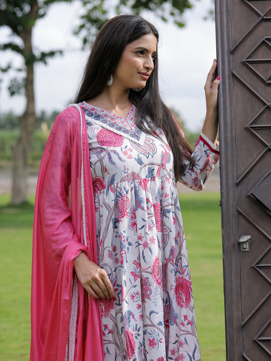 The52 Women's Beautiful Rayon Fabric Printed Work Flared Kurta Pant and Dupatta Set | Grocsy