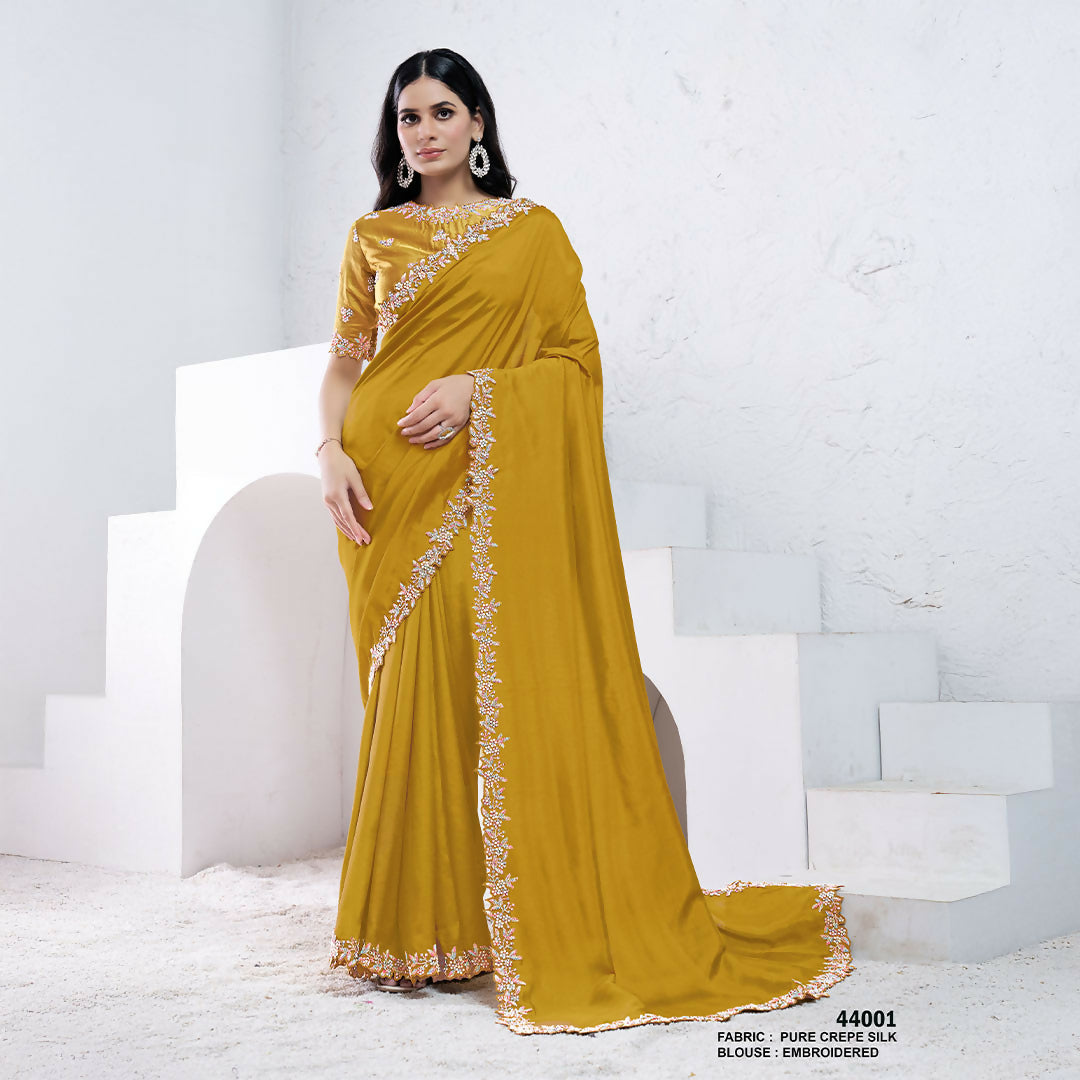 Mustard Pure Crepe Silk Moti With Hand Work Saree With Unstitched Blouse - Norita Swaraa | Grocsy