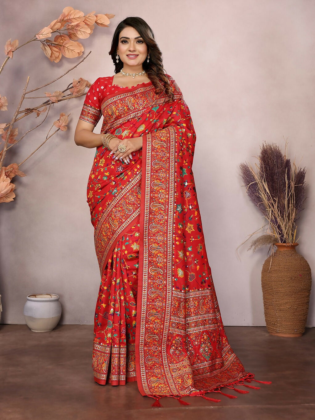 Joban Fashion Red Meena Weaves Pashmina Sarees | Grocsy