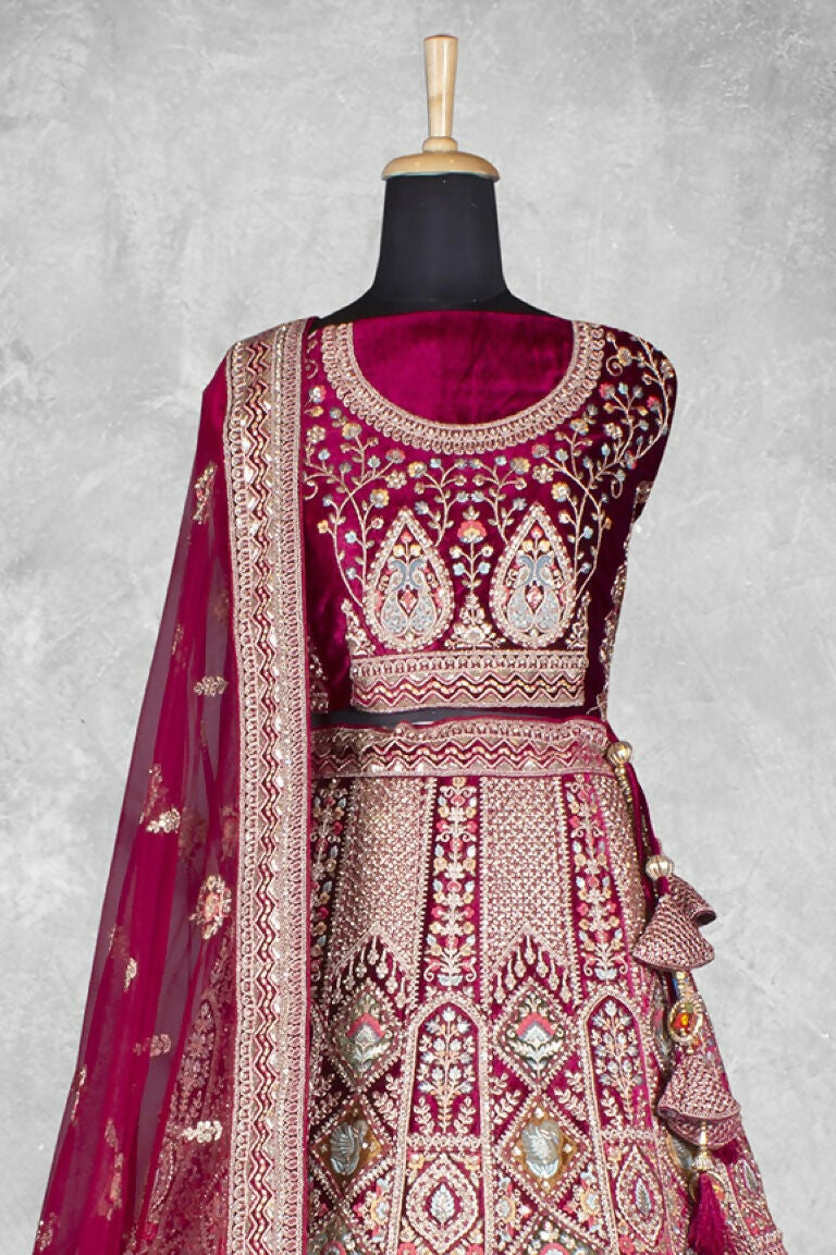 Dark Red Velvet Pure Mirror Work Semi Stitched Lehenga Choli with Dupatta - Nimaya Lagnotsav | Grocsy