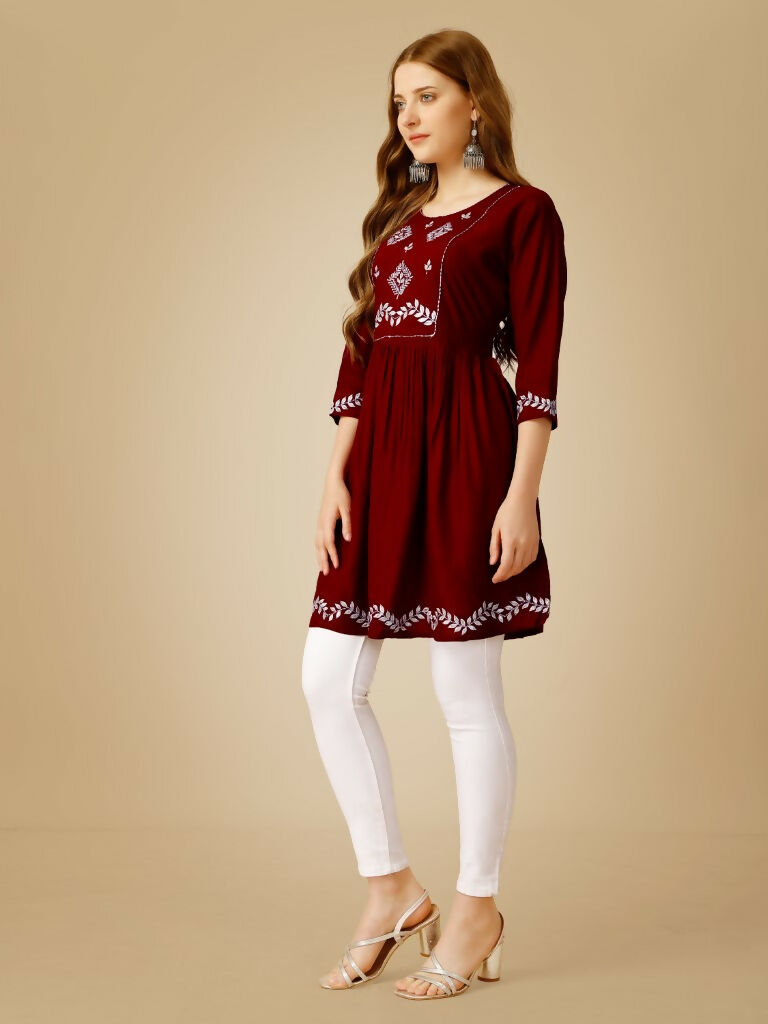 Jyoti Fashion Women's Maroon Viscose Rayon Embroidered Casual Top | Grocsy