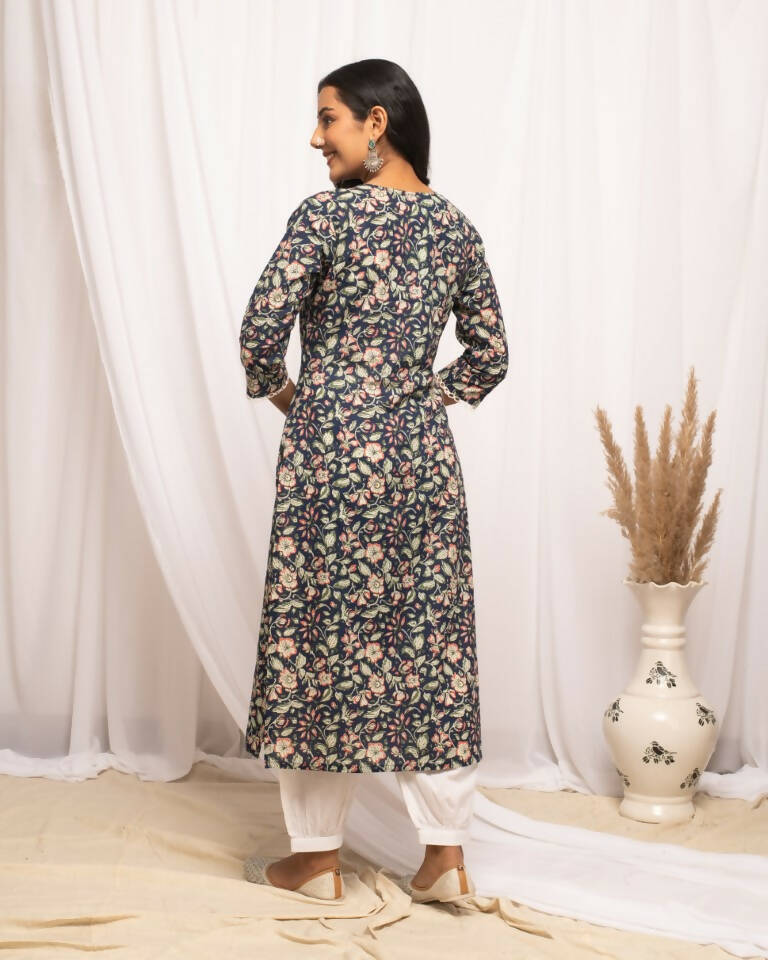 FIORRA Women's Floral Printed Blue Cotton Straight Kurta | Grocsy