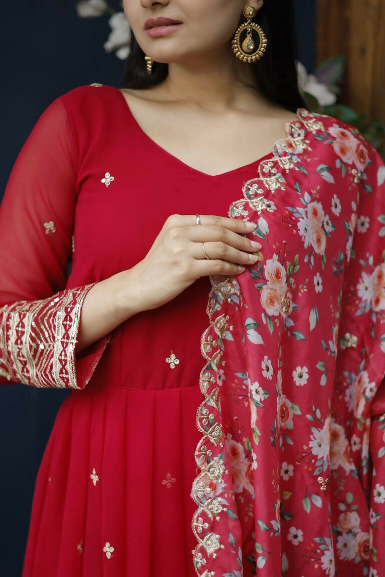 Jyoti Fashion Women's Red Faux Blooming Sequins with Zari Embroidery Anarkali Dress with Dupatta | Grocsy
