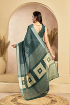 Vastranavya Morpeach Digital Printed Linen Ready To Wear Pocket Saree with Unstitched Blouse | Grocsy