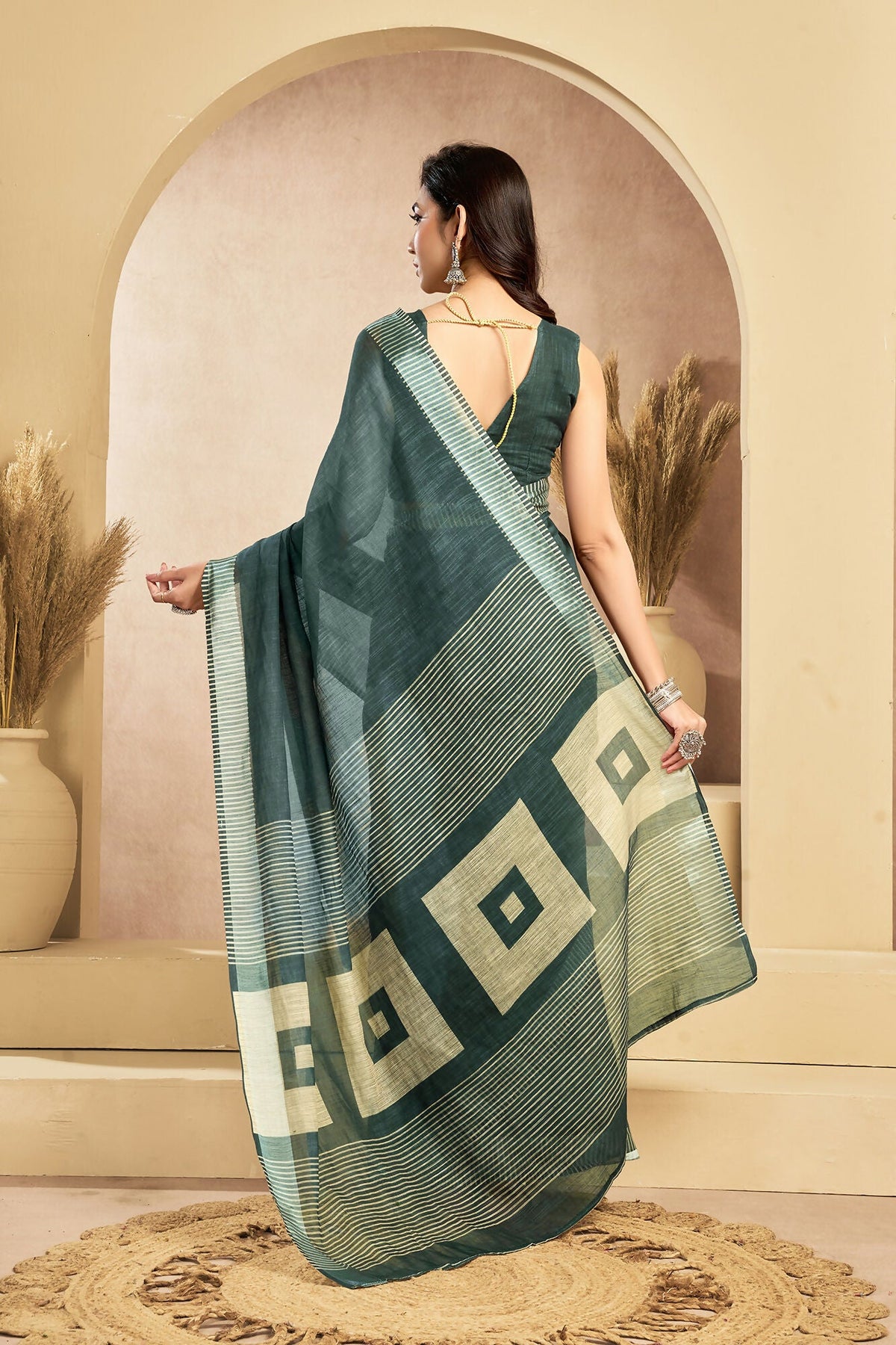 Vastranavya Morpeach Digital Printed Linen Ready To Wear Pocket Saree with Unstitched Blouse | Grocsy