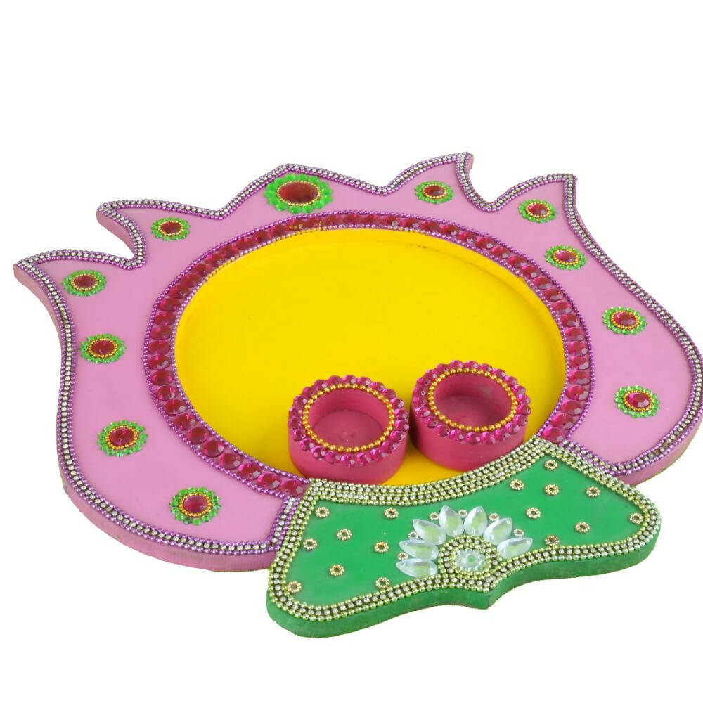 Kundan HandiKrafts Mdf Lotus Pooja Thalis - Baby Pink | Grocsy
