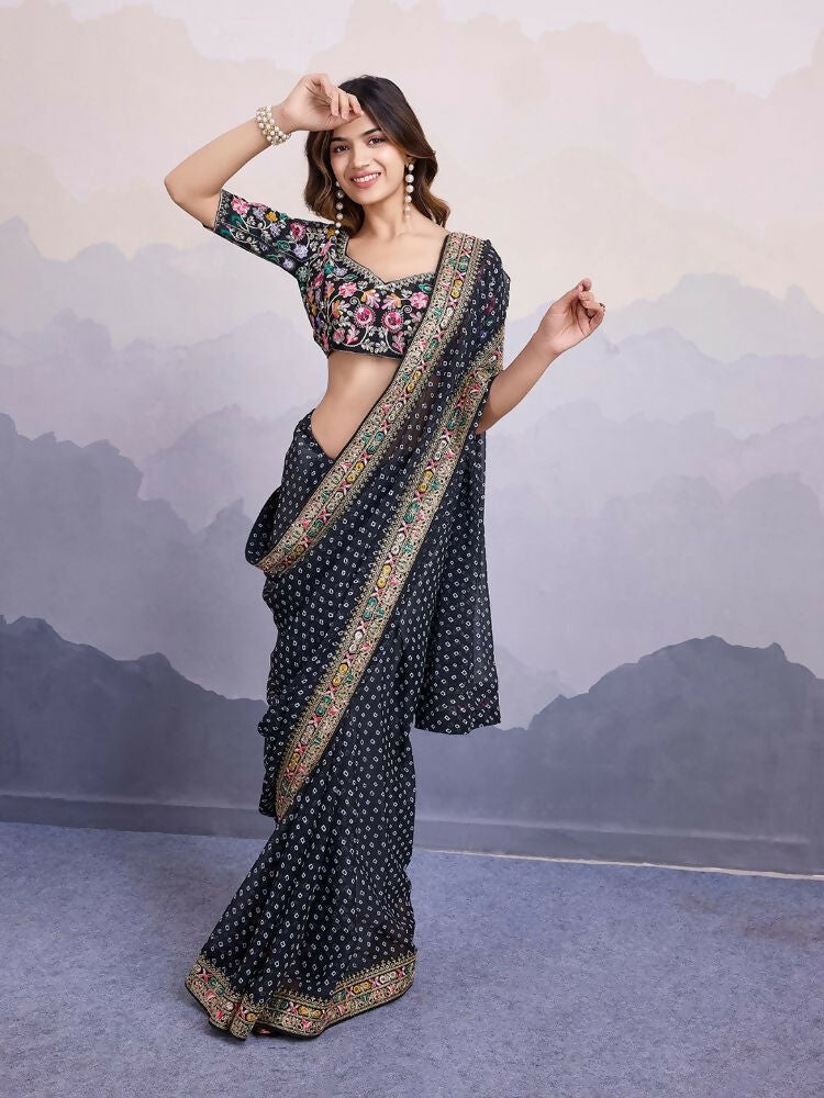 Black Georgette Bandhani Printed,Embroidery Work Saree - Surkhi | Grocsy