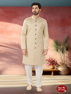 Joban Fashion Men's Beige Straight Swed Velvet Self-Design In Fabric Indo-Western Kurta Set | Grocsy