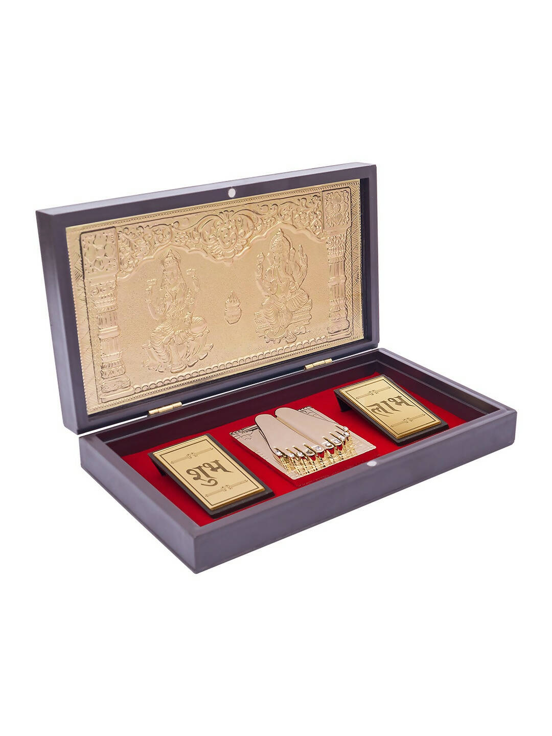 Golden Peacock Brown & Gold-Toned 24 Ct Gold Foil Laxmi And Ganesh Pooja Box | Grocsy