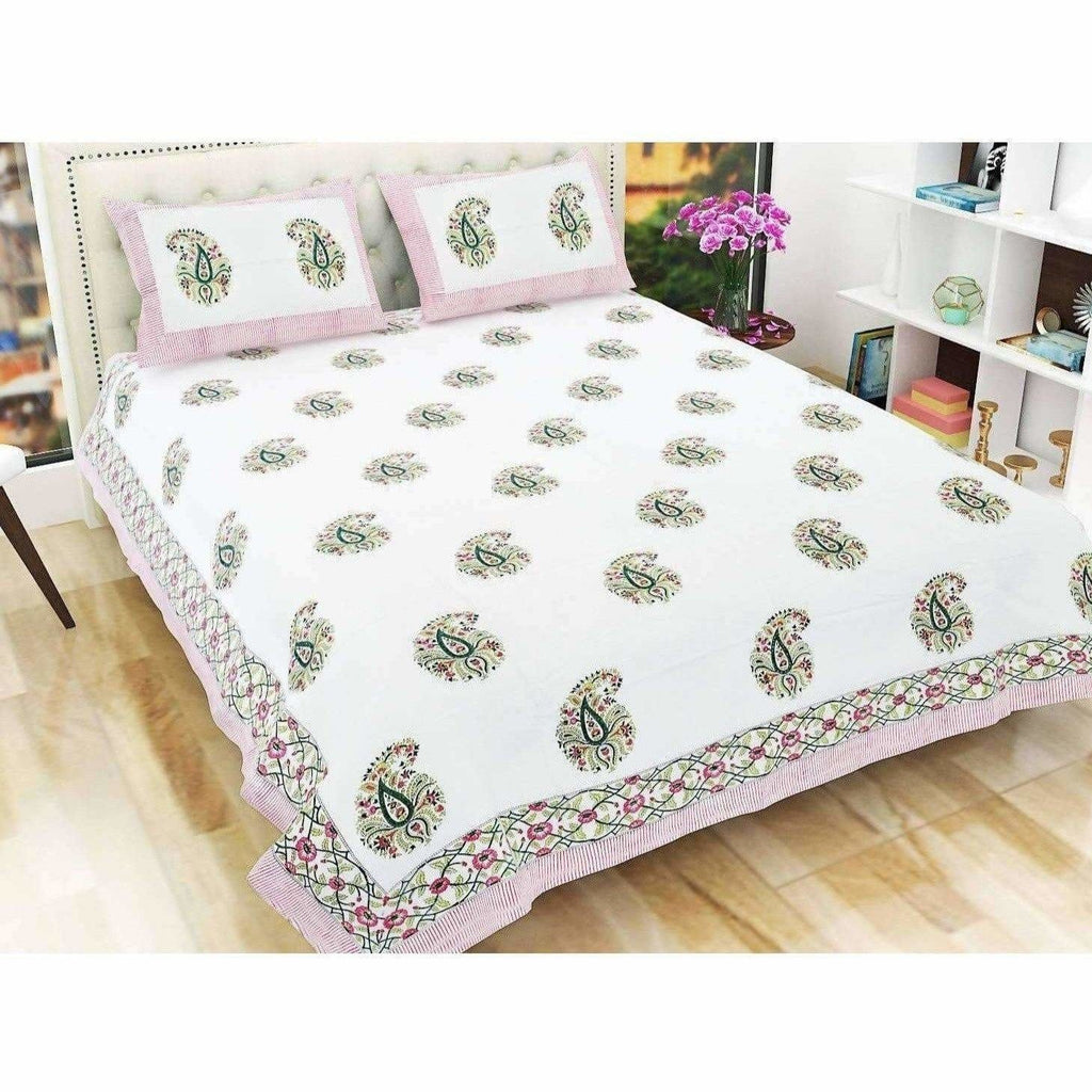 Paisley Hand Block Printed Double 90x108 Inches Bedspread with 2 Pillow Covers | Grocsy