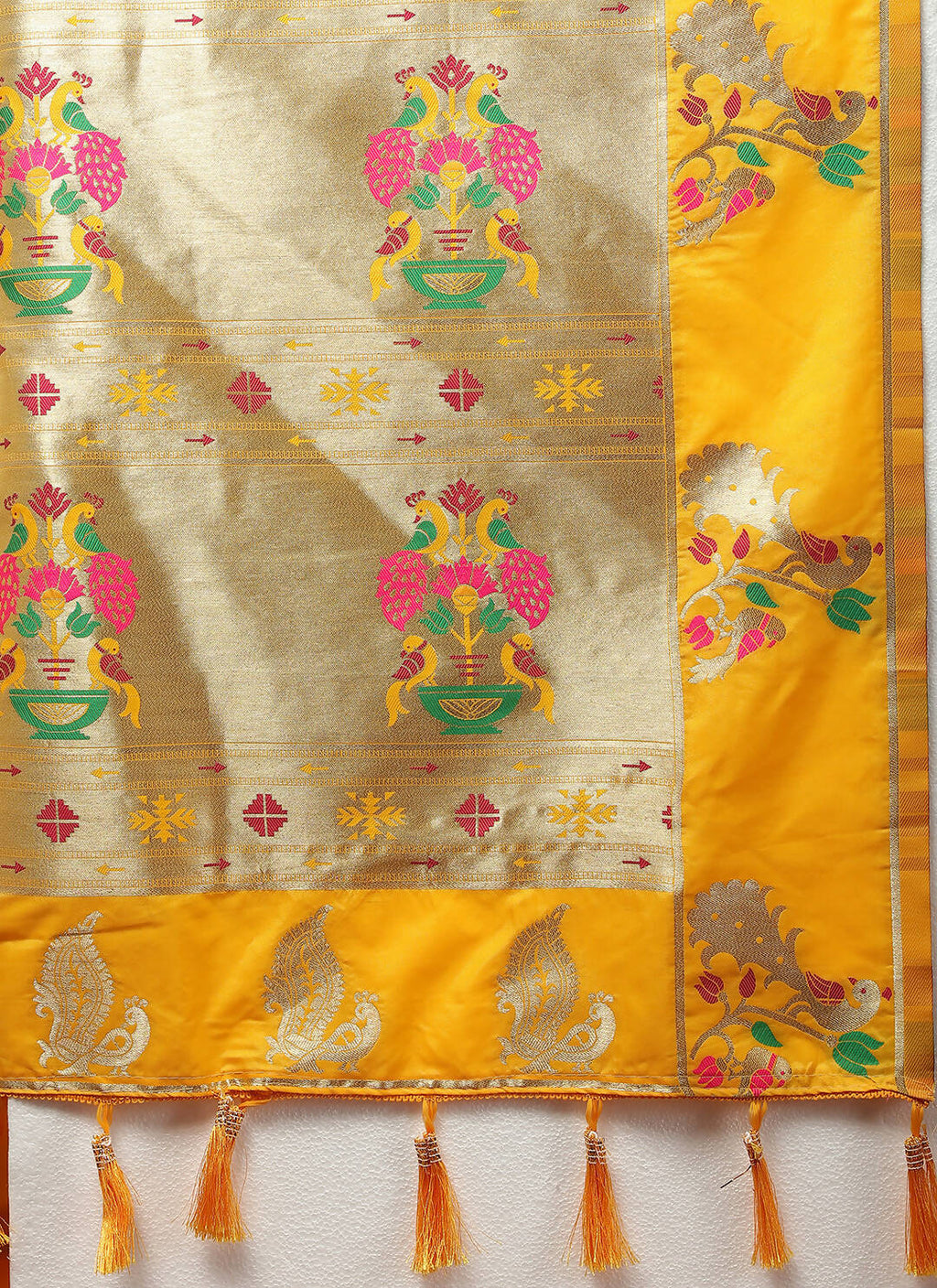 Lorenvalley Fashion Gold Soft Paithani Silk Woven Design Gold Zari Meenakari Weaving Saree | Grocsy