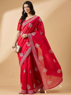 Red Cotton Blend Thread Embroidered Saree with Unstitched Blouse - Satya | Grocsy